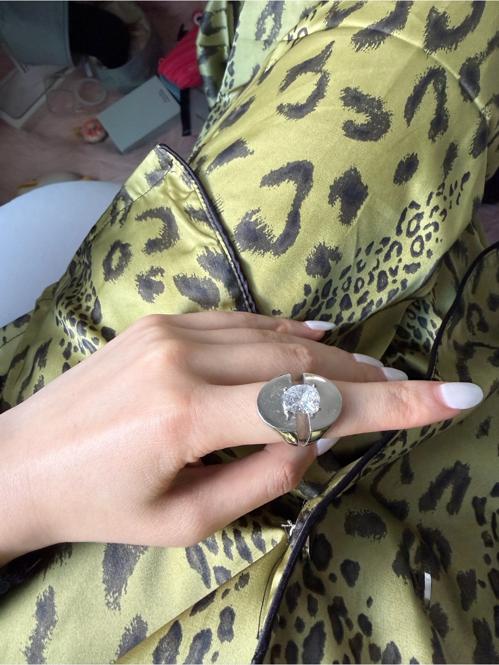 Sculptural Silver Tone Crystal Statement Ring